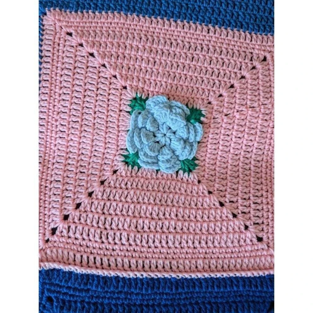 3D Crochet Flower Granny Square Blanket 48x43 Afghan Throw Blue Cottagecore Blue